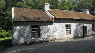 İrlanda 'da bir çiftliğin sazdan çatılı eski İrlanda Geleneksel Beyaz Yıkanmış Kulübesi