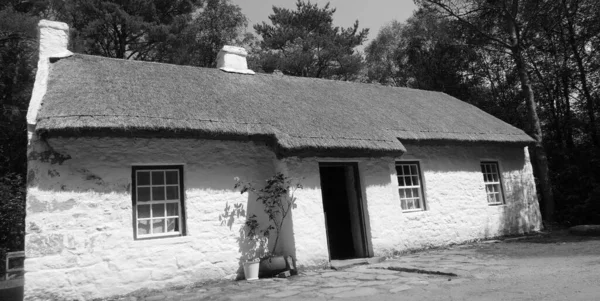 Foto Bianco Nero Old Irish Traditional Whitewashed Cottage Con Tetto — Foto Stock