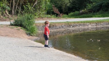 Kızıl saçlı çocuk göldeki ördekleri besliyor.