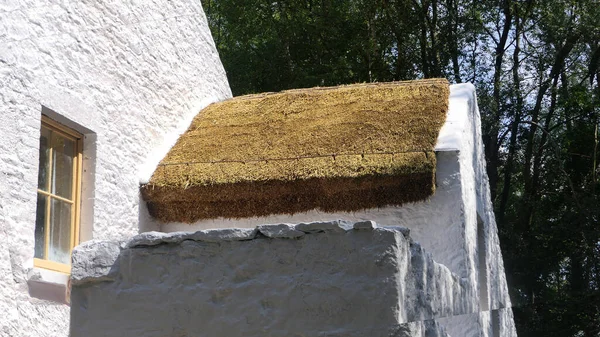 Velho Irlandês Tradicional Whitewashed Cottage Com Telhado Palha Uma Fazenda — Fotografia de Stock