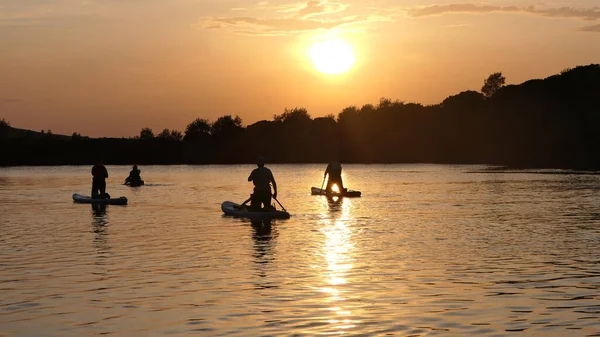 Paddleboarding Lago Uma Noite Verão Hora Dourada Luz Solar — Fotografia de Stock