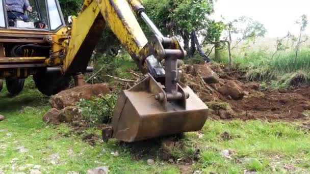 Yellow Digger Taking Away Hedge Moving Large Stones Farm — Stock videók