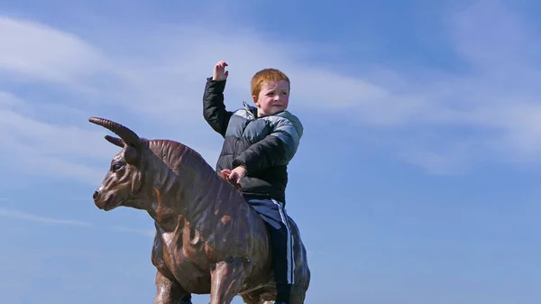 Röd Hövding Pojke Rider Staty Bull Irland — Stockfoto