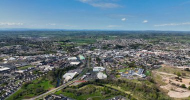 Aerial photo overlooking Industrial and Residential homes in Ballymena Town County Antrim Northern Ireland