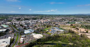 Aerial photo overlooking Industrial and Residential homes in Ballymena Town County Antrim Northern Ireland