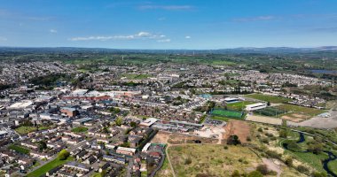 Aerial photo overlooking Industrial and Residential homes in Ballymena Town County Antrim Northern Ireland
