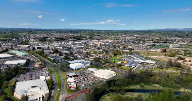 Aerial photo overlooking Industrial and Residential homes in Ballymena Town County Antrim Northern Ireland