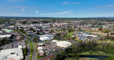 Aerial photo overlooking Industrial and Residential homes in Ballymena Town County Antrim Northern Ireland 08-08-22