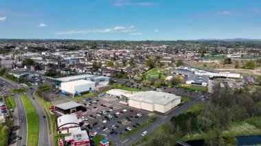 Aerial video of Castle Tower School Seven Towers Leisure Centre IMC Cinema Ballymena KFC Ballymena Town Co Antrim Northern Ireland
