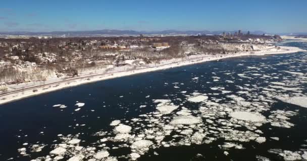 Lód Rzece Lawrence Zimą Drona Quebec City — Wideo stockowe