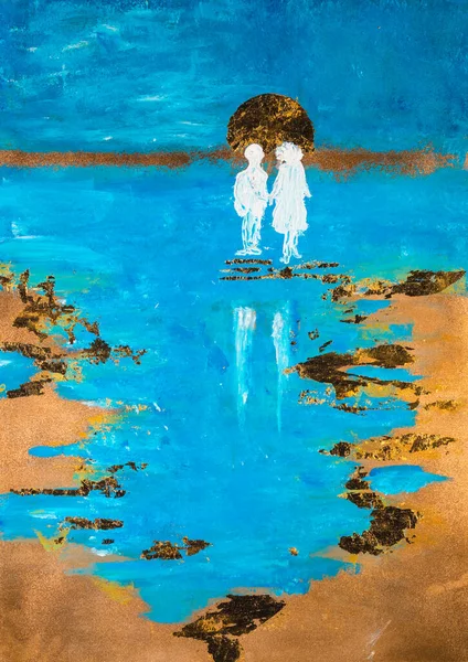 Casal Apaixonado Lagoa Azul Pôr Sol — Fotografia de Stock