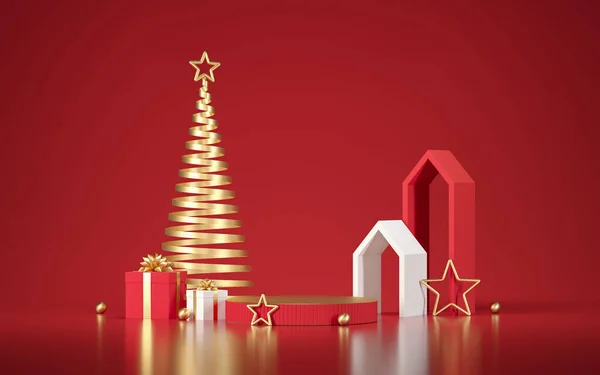 Podio navideño para presentación de marca y embalaje. Expositor de productos con cajas de regalo, árbol de navidad de oro y estrellas —  Fotos de Stock