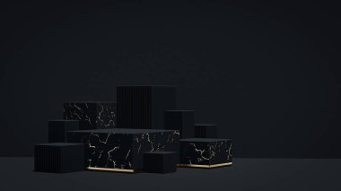 Marka ve ambalaj sunumu için altın mermer desenli lüks podyum. Siyah ve altın kaide.