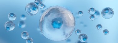 Mikroskop altında mavi hücreler. Hayatın ve biyolojinin DNA 'sı, tıp bilimi, moleküler araştırma. Bilimsel arkaplan İnsan mavi hücreleri, 3 boyutlu illüstrasyon.