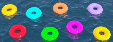 Merhaba yaz, şirin renkli yüzme yüzüğü, okyanusta yüzme, üç boyutlu illüstrasyon..