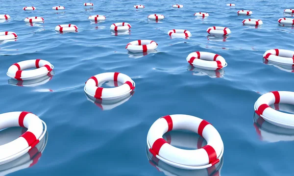 Life buoys, Life savers on the ocean, 3D illustration.