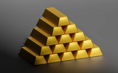 Siyah arkaplanda altın çubuklar, 3d illüstrasyon