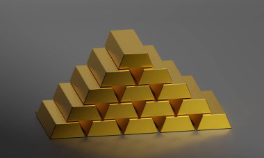 Gri arkaplanda altın çubuklar, 3d illüstrasyon