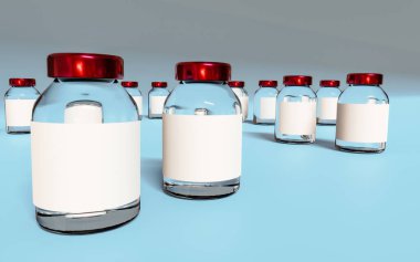 Mavi arka planı boş etiketli beyaz plastik şişeler. 3d oluşturma