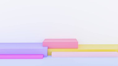 Podyum ve asgari duvar sahneli yumuşak mavi beyaz arkaplan, 3D görüntüleme.