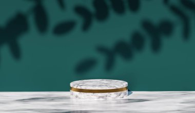 Sahne, 3D beyaz terrazzo podyumu koyu yeşil duvar sahnesi ve yaprak gölgesi. Ürün sunumu için kozmetik arka plan. Minimalist bir şekil. Moda dergisi 3D illüstrasyon 3D.