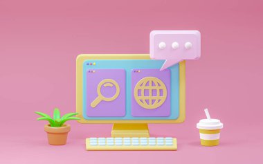 Bilgisayar ekranında arama motoru ve internet araması sonucu ortaya çıkan sonuçlar. Çevrimiçi bilgi konsepti bulunması, 3B illüstrasyon.