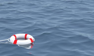3D illustration.Lifebuoy in ocean Emergency lifesaver buoy in water. Saving Lives . Lifeguard equipment with rope floating in sea. lifeguard.3D Render.
