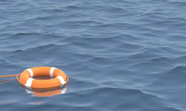 3D illustration.Orange Lifebuoy in ocean Emergency lifesaver buoy in water. Saving Lives . Lifeguard equipment with rope floating in sea. lifeguard.3D Render.