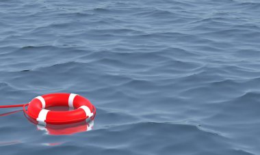 3D illustrator. Red life buoy floating on the ocean 3d render.