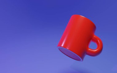 Mug cup with Red color in blue background, breakfast item,3D illustrator.