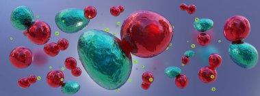 Bilimsel konsept molekülleri, atomik nükle, mitoz ve mayoz, kök hücre, hücresel etkileşim. 3B illüstrasyon.