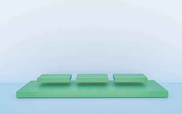 Blue background with podium and minimal wall scene, podium minimal background abstract shape green pastel . Stage 3d product on podium modern platform, 3D illustration.