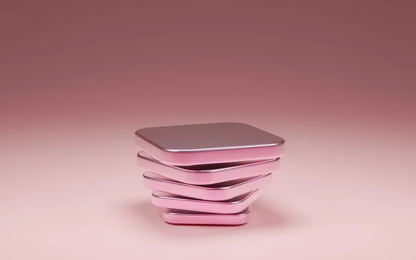 Pembe ve beyaz, mor arkaplandaki boş bir tabak yığınının 3D görüntüsü