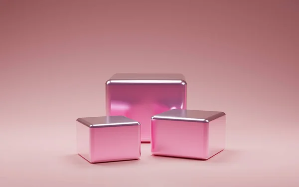 Mor arkaplanlı boş ekranlı pembe ve beyaz küp podyumun 3D görüntüsü