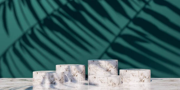 Sahne, kozmetik arka plan, terrazzo podyumu koyu yeşil duvar sahnesi ve yaprak gölgesi. Ürün sunumu için kozmetik arka plan. Minimalist bir şekil. Moda dergisi 3D illüstrasyon 3D.