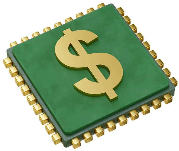 Dollar sign on chip, electronic coin system, 3D illustration.