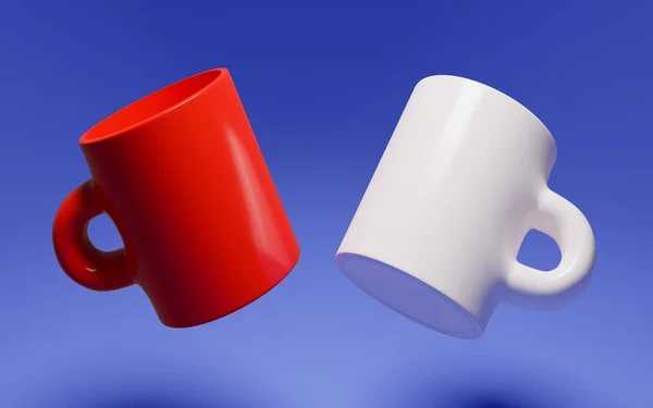 Two mug cups with Red and white color in blue background, breakfast item,3D illustrator.