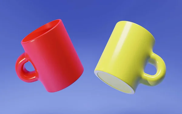 Two Mug Cups Red Yellow Color Blue Background Breakfast Item — Zdjęcie stockowe