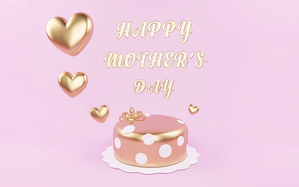 Happy mothers day golden cake background with golden hearts, mom text, copy space text, 3D illustration.