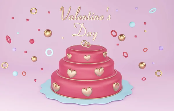 Valentine's day Cake ,3D rendering three-tier wedding cake. lose-up of the pink pyramid, pedestal. A scene from circles on a pink background,Minimal pink,3D illustration.