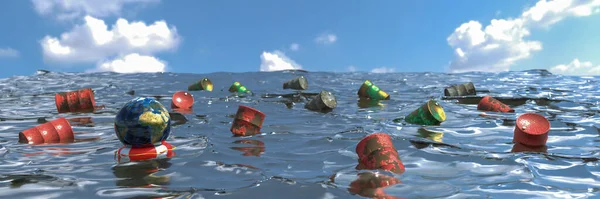 Toxic oil barrels on ocean, our world is disappearing, oil spread ocean, oil barrel spilled into the sea,oil spilled at sea, Industrial waste in the sea, climate crisis, 3D illustration, 3d render.