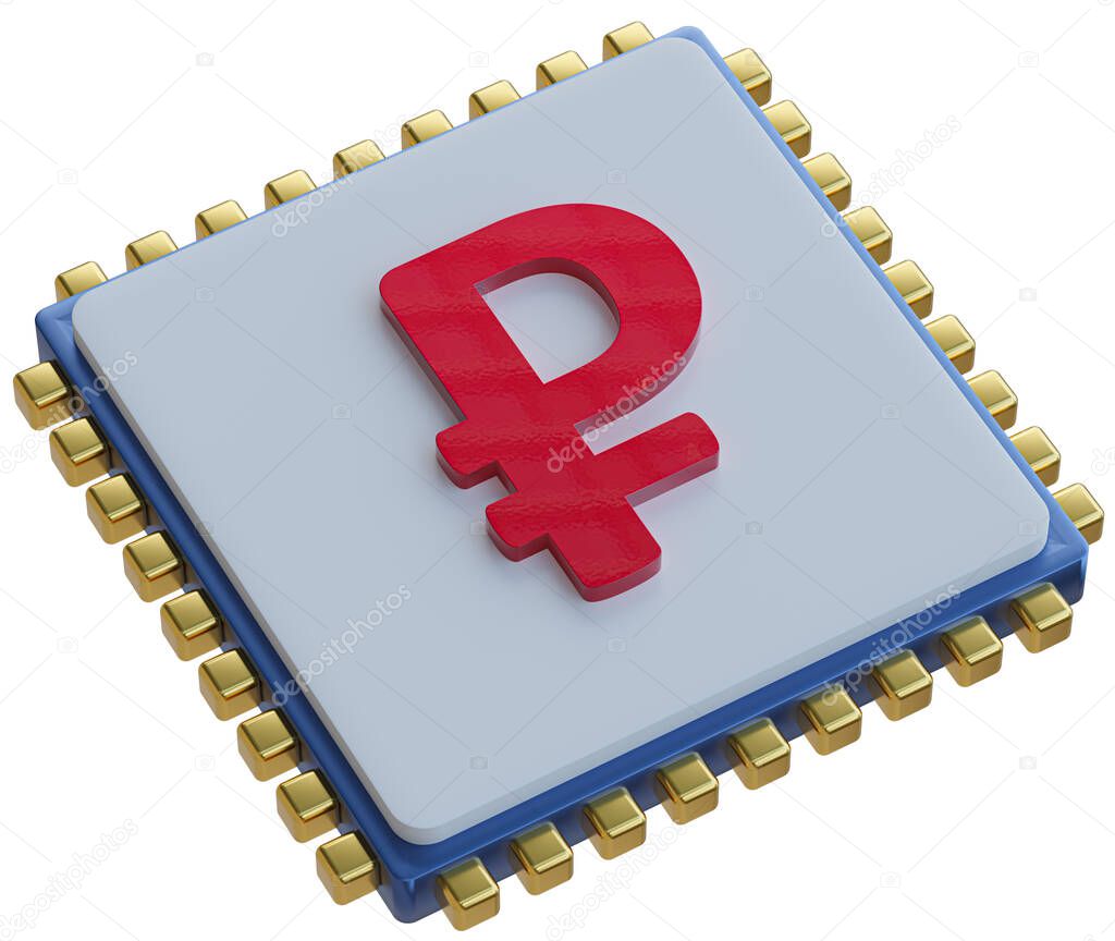 Ruble sign on chip,russian electronic coin system, 3D illustration.