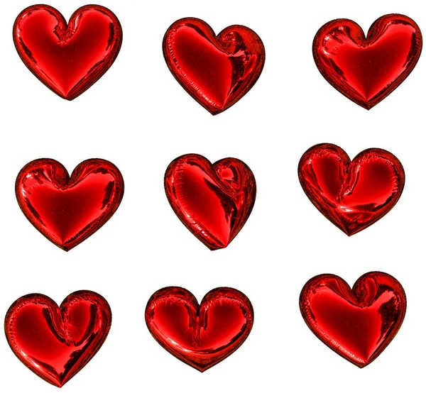 Set Red Metallic Hearts Isolated White Background Love Concept Illustration — ストック写真