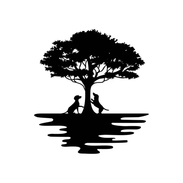 Silhueta Cão Abaixo Vetor Logotipo Árvore — Vetor de Stock