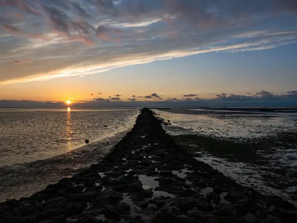 Pier Sunset Lower Saxony Wadden Sea Dorum Neufeld Low Tide — Foto de Stock