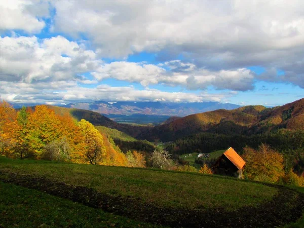 スロベニアのGorenjska地域の秋にJelovica高原の下でKamnik Savinjaアルプスや森林覆われた丘の風景 — ストック写真