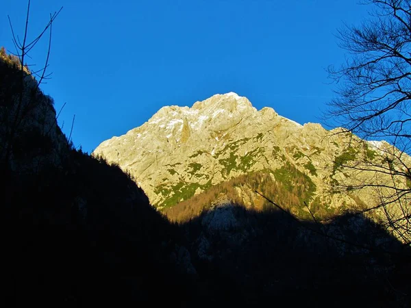 Malowniczy Widok Górę Brana Oświetlony Słońcem Pogodny Niebieski Dzień Zimie — Zdjęcie stockowe