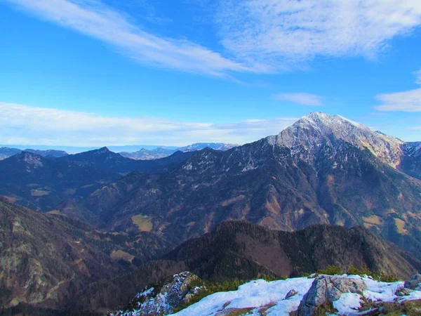 Vista Panorâmica Das Montanhas Grintovec Skuta Nos Alpes Kamnik Savinja — Fotografia de Stock