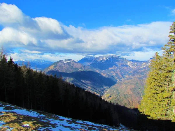 Vue Panoramique Sur Col Montagne Ljubelj Vallée Dessous Avec Village — Photo
