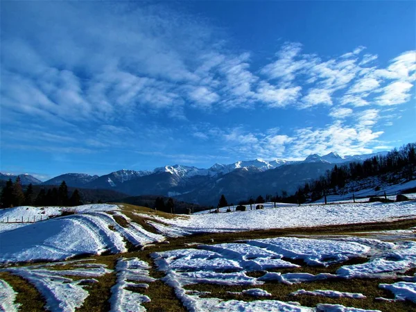 冬季在戈伦伊斯卡地区Bohinj上方被雪覆盖的山脉景观和前面被阳光照射的草地景观 — 图库照片